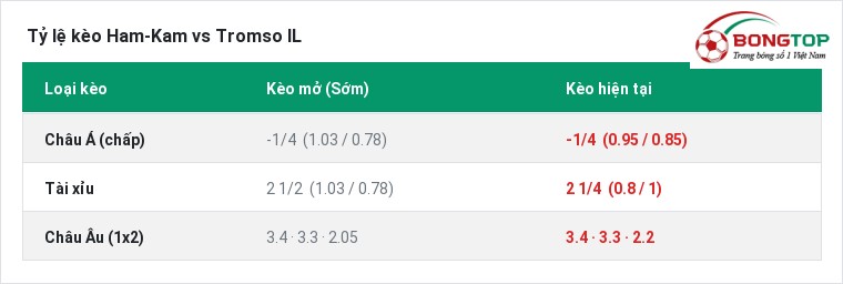 Tỷ lệ kèo Ham-Kam vs Tromso IL tại BongTop