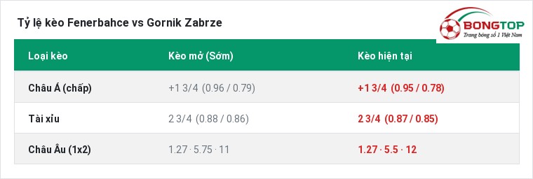 Tỷ lệ kèo Fenerbahce vs Gornik Zabrze tại BongTop