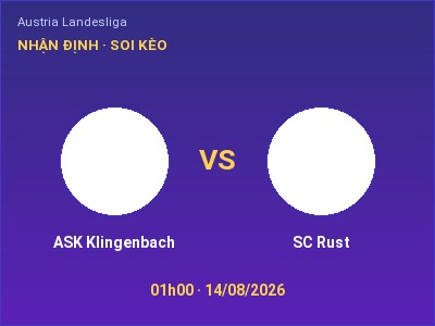 Dự đoán ASK Klingenbach vs SC Rust, 01h00 ngày 14/08: Tỷ lệ kèo Austria Landesliga