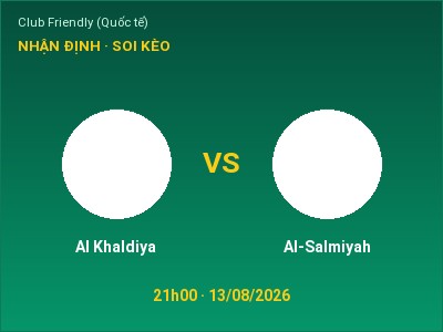 Nhận định Al Khaldiya vs Al-Salmiyah, 21h00 ngày 13/08: Soi kèo Club Friendly (Quốc tế)