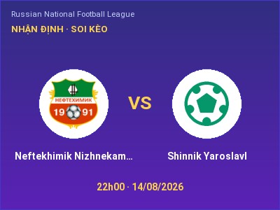 Dự đoán Neftekhimik Nizhnekamsk vs Shinnik Yaroslavl, 22h00 ngày 14/08: Tỷ lệ kèo Russian National Football League