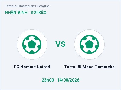 Dự đoán FC Nomme United vs Tartu JK Maag Tammeka, 23h00 ngày 14/08: Tỷ lệ kèo Estonia Champions League