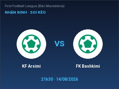 Nhận định KF Arsimi vs FK Bashkimi, 21h30 ngày 14/08: Soi kèo First Football League (Bắc Macedonia)