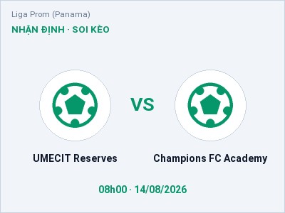 Dự đoán UMECIT Reserves vs Champions FC Academy, 08h00 ngày 14/08: Tỷ lệ kèo Liga Prom (Panama)