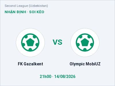 Nhận định FK Gazalkent vs Olympic MobiUZ, 21h00 ngày 14/08: Soi kèo Second League (Uzbekistan)